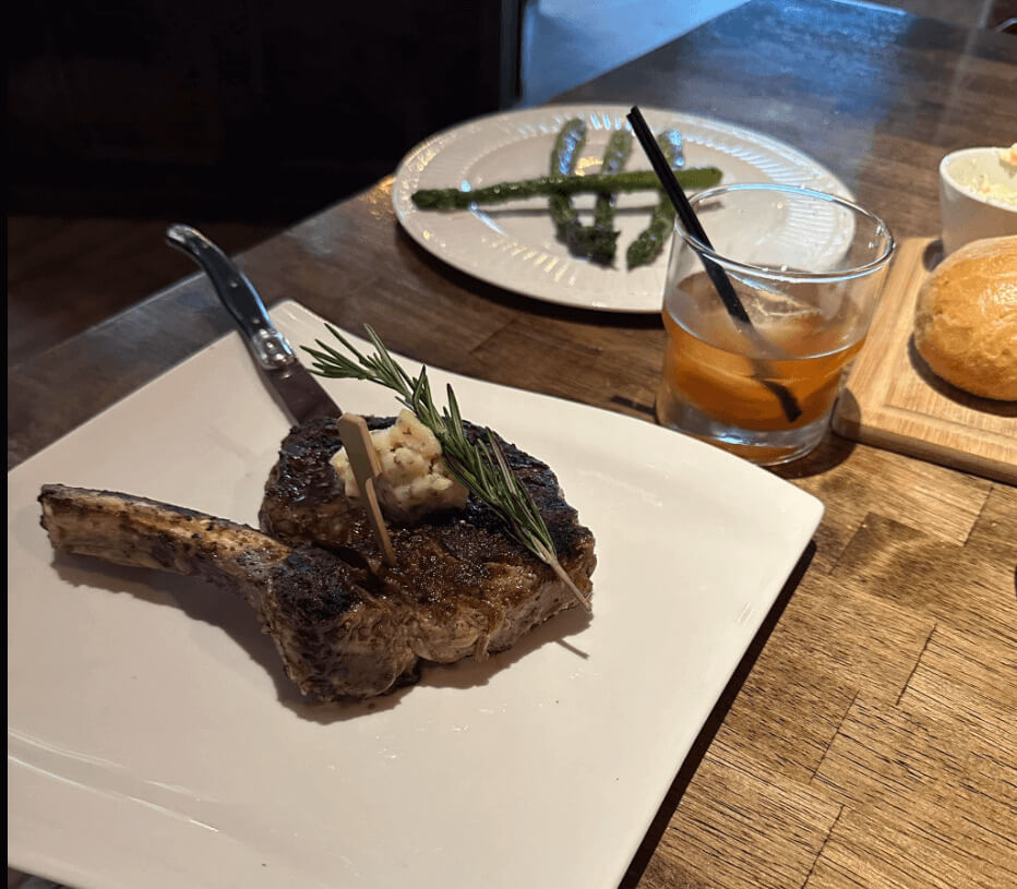 A steak meal at Moo Moo’s Steakhouse