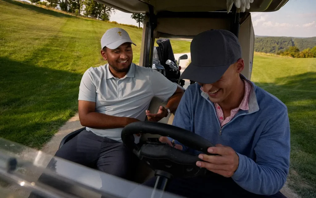 2 men laughing in a golf cart