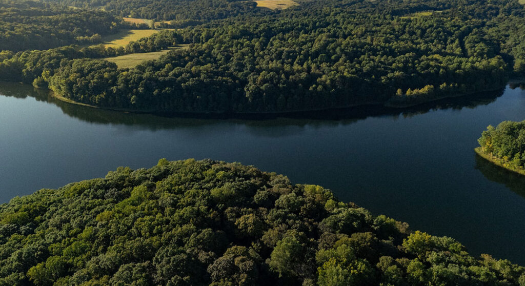 Flyover view of a beautiful lake