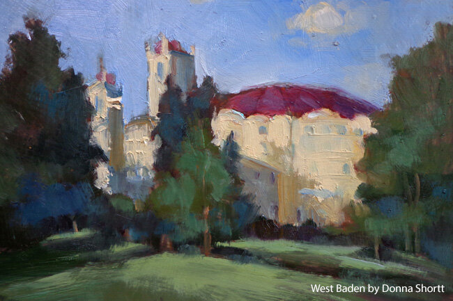 Painted image of the West Baden Springs Hotel surrounded by trees